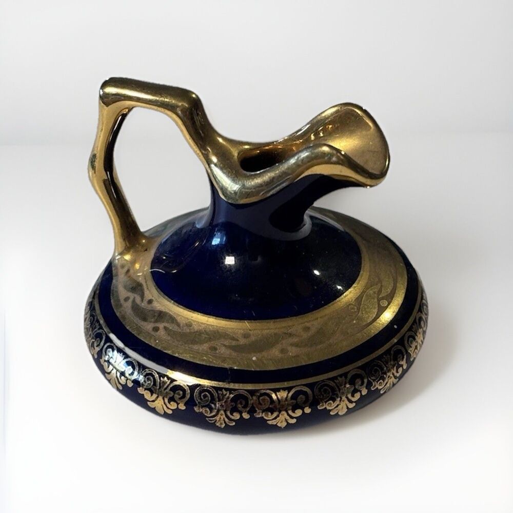Vintage Limoges France Cobalt Blue & Gold Small Miniature Jug Pitcher 2" Tall